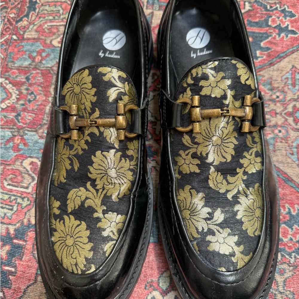 Hudson Jeans Black and Gold Floral Loafers